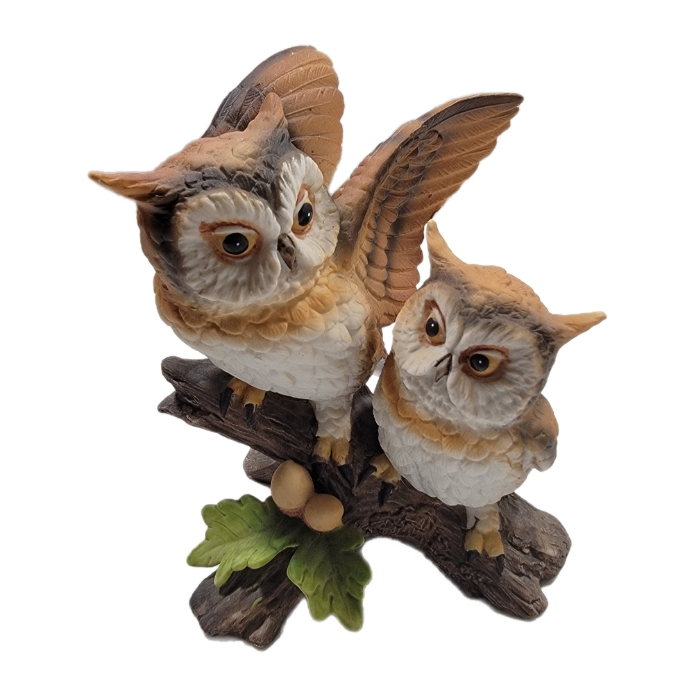 Vintage Homco Couple Great Horned Owl Sitting On Branch 1404 Figurine